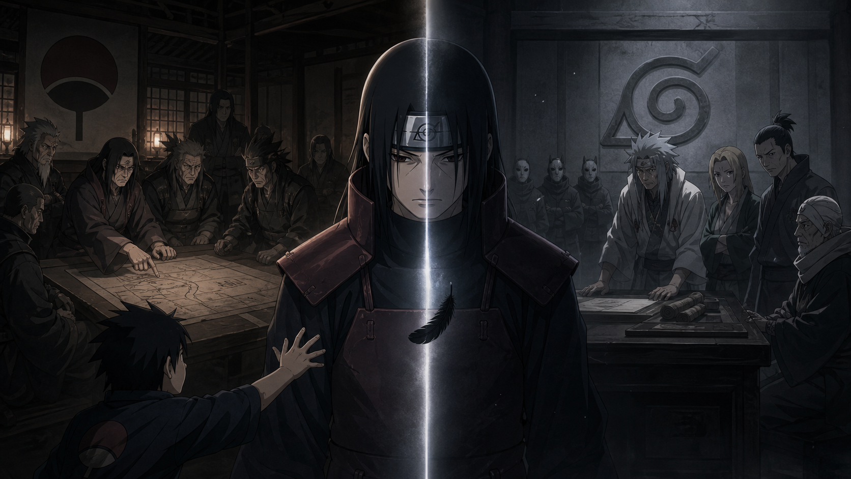Itachi stands divided between Uchiha coup planners, Leaf leaders, masked operatives, and young Sasuke in Naruto Shippuden Episode 141