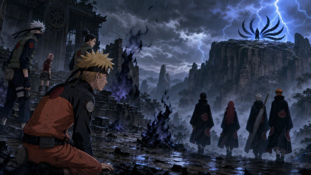 Naruto reaches the black-flamed Uchiha ruins as Sasuke leads Taka toward Killer Bee beneath the lightning cliffs of Unraikyo in Naruto Shippuden Episode 142