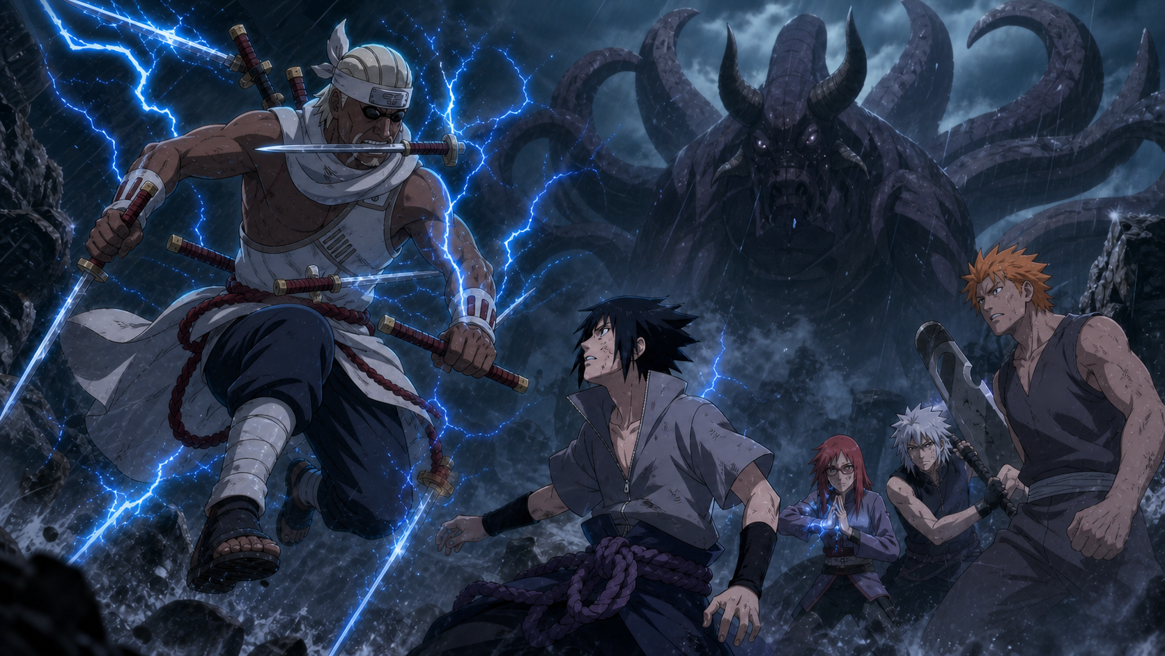Killer Bee attacks Sasuke with seven lightning-edged swords as Karin, Suigetsu, and Jugo coordinate beneath the Eight-Tails shadow in Naruto Shippuden Episode 143