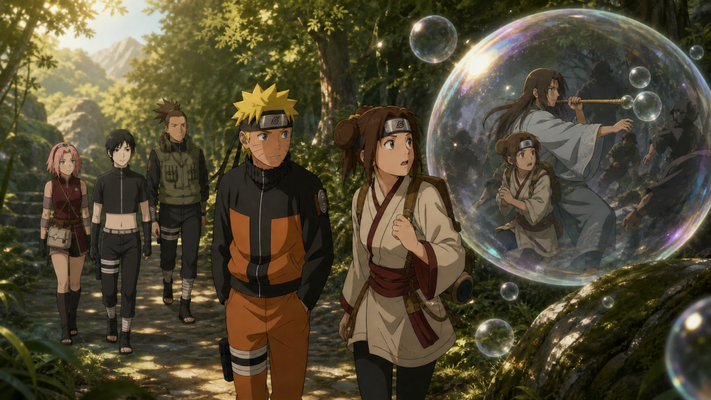 Naruto listens to Hotaru on a mountain forest path as Sakura, Sai, and Yamato escort them and a bubble holds her memory of Utakata in Naruto Shippuden Episode 145