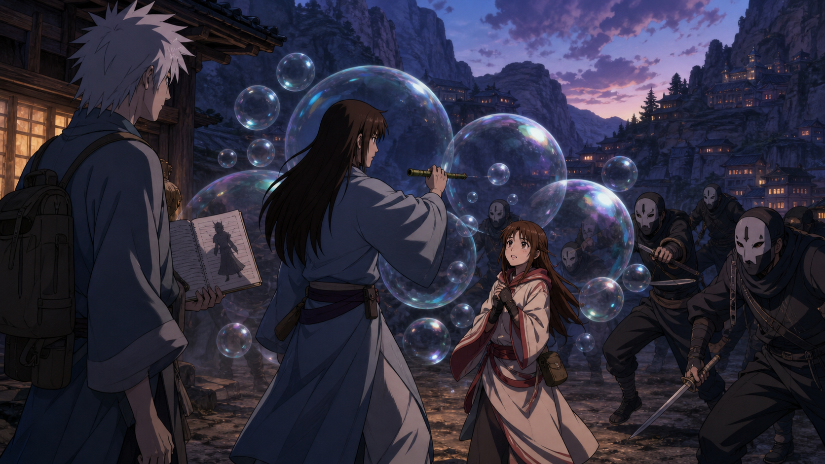 Utakata shields Hotaru with luminous bubbles from masked Magaki attackers as Shiranami recognizes him from a bingo book in Naruto Shippuden Episode 146