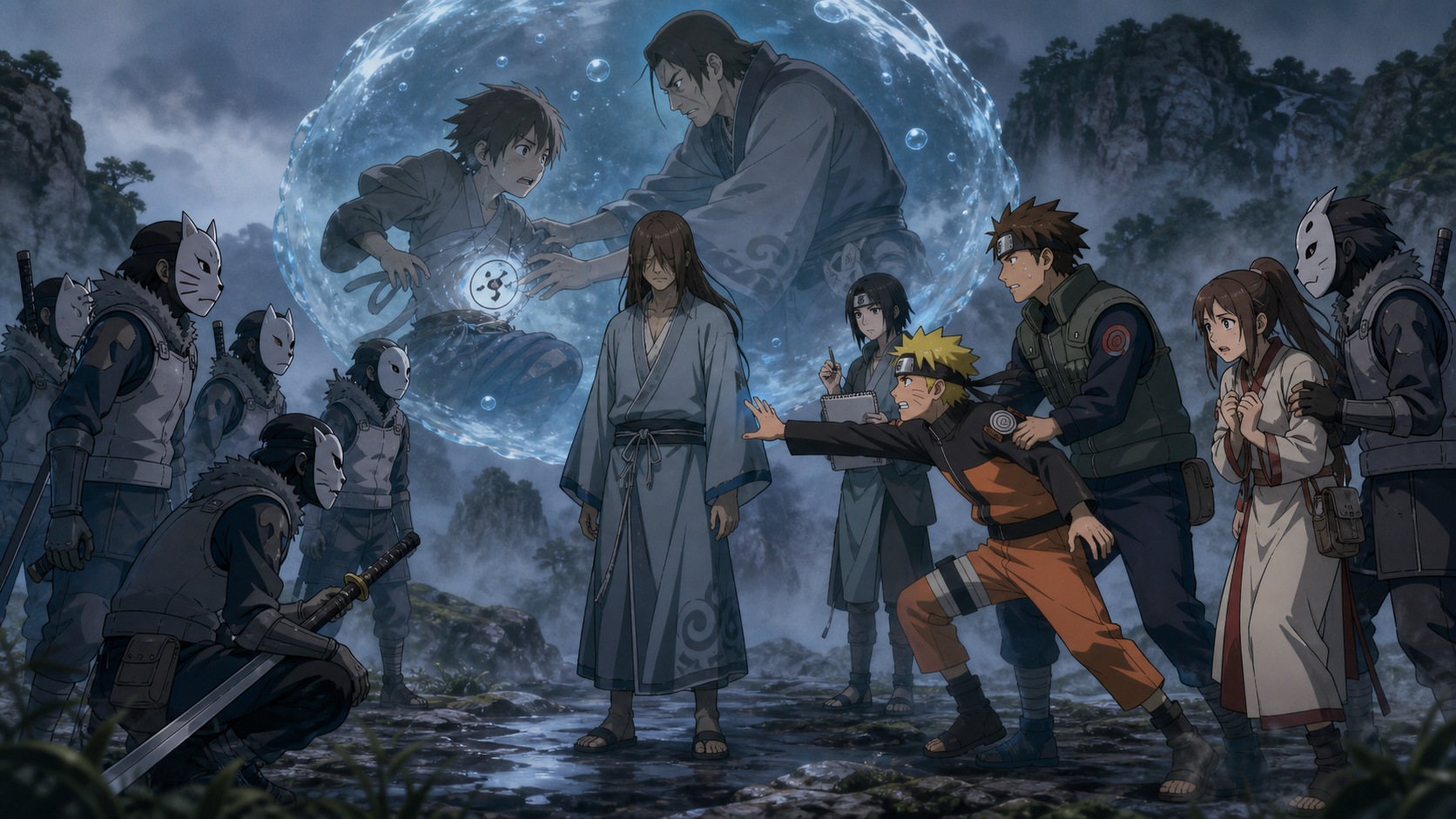 Hidden Mist trackers surround Utakata and hold Hotaru as Naruto lunges, Yamato restrains him, Sai observes, and a water memory shows Harusame reaching for a seal in Naruto Shippuden Episode 147