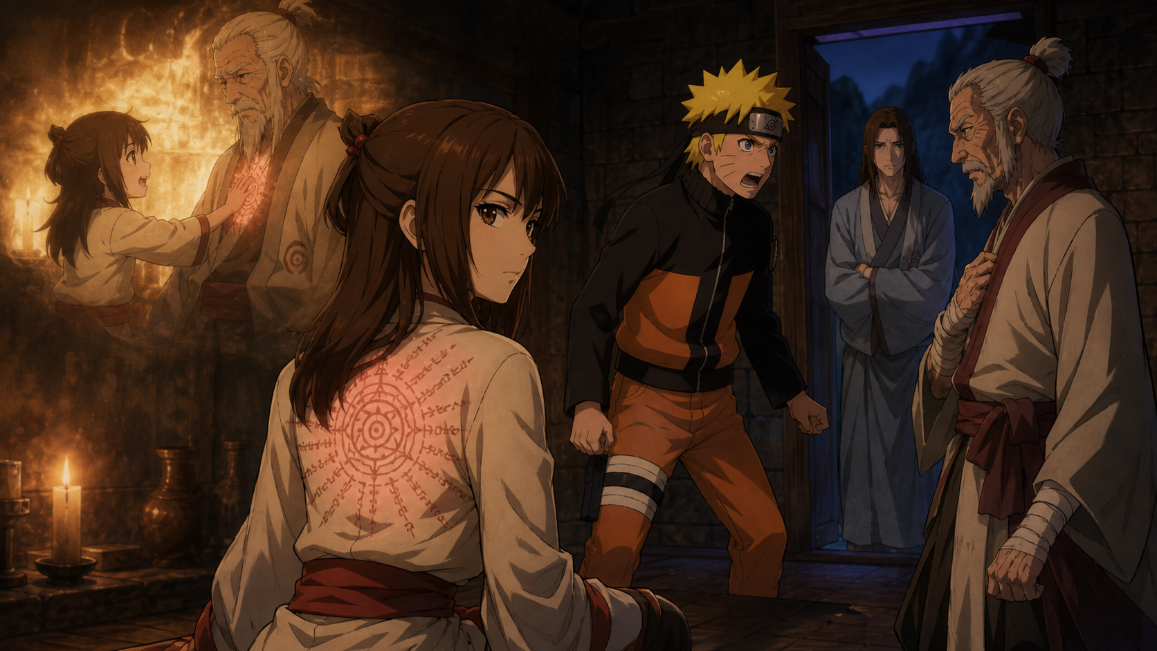 Hotaru reveals the glowing forbidden-jutsu seal through her clothing as Naruto confronts Tonbei, Utakata watches, and a memory shows her voluntary choice in Naruto Shippuden Episode 148