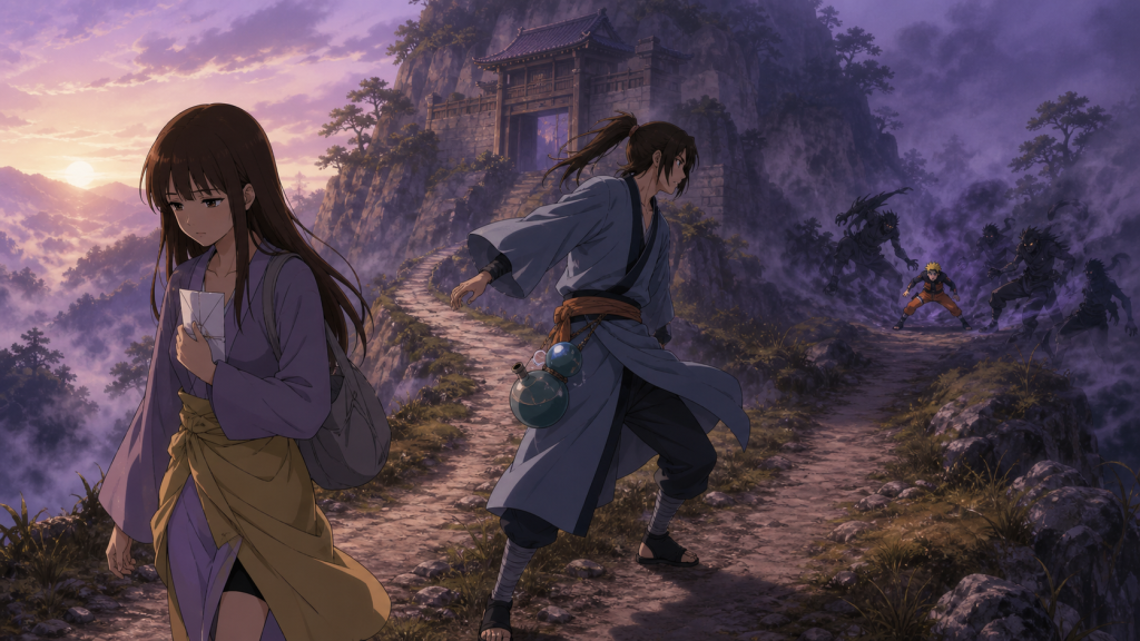 Hotaru walks away holding a farewell letter while Utakata turns toward Naruto trapped by the Magaki Troops on a divided mountain path in Naruto Shippuden Episode 149