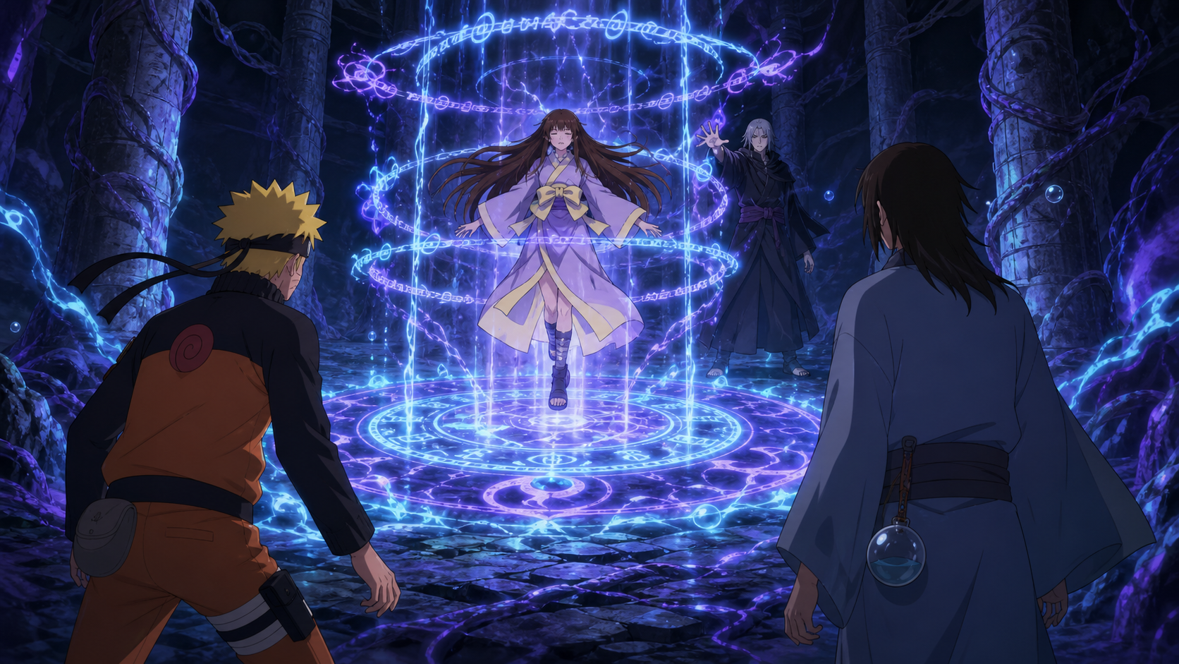 Naruto and Utakata enter a chakra-filled cave where Hotaru is suspended inside the activated forbidden-jutsu seal while Shiranami controls it in Naruto Shippuden Episode 150