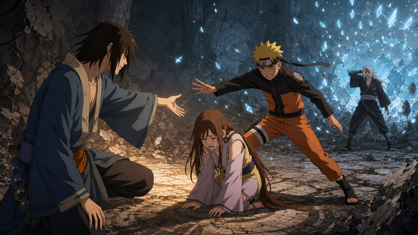 Utakata reaches toward a despairing Hotaru while Naruto shields them from fading forbidden-jutsu energy and Shiranami recoils in Naruto Shippuden Episode 151