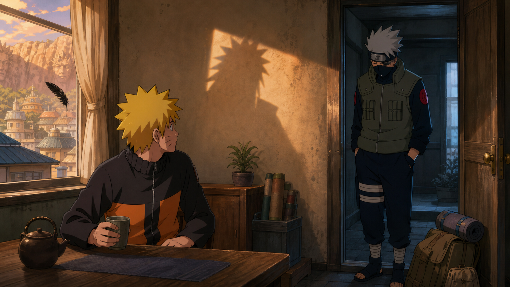 Naruto looks up from a quiet table as Kakashi stands gravely in his doorway to deliver news of Jiraiya's death in Naruto Shippuden Episode 152