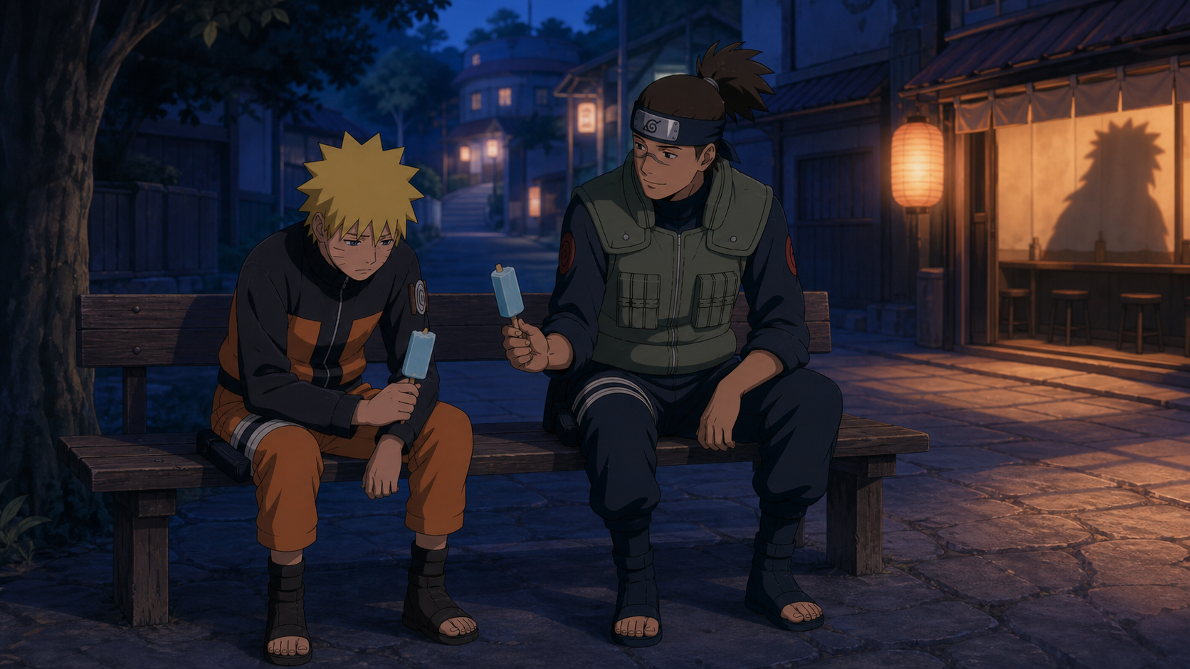 Iruka sits beside grief-stricken Naruto on a quiet evening bench as each holds half of a twin ice pop in Naruto Shippuden Episode 153