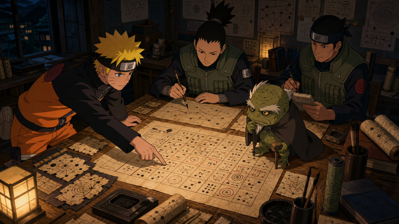 Naruto points to Jiraiya's coded message while Shikamaru, a Leaf analyst, and Fukasaku study the incomplete solution in Naruto Shippuden Episode 154