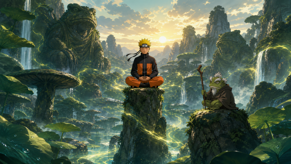 Naruto sits perfectly still on a stone pinnacle while Fukasaku watches nature energy flow through Mount Myoboku in Naruto Shippuden Episode 155