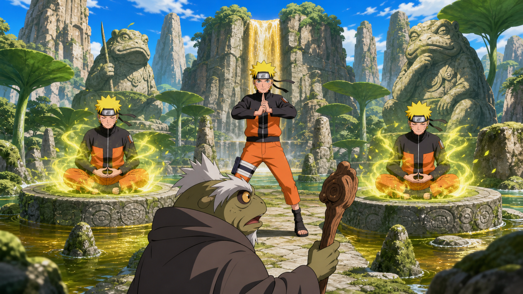 Naruto stands between two shadow clones gathering nature energy on separate Mount Myoboku platforms as Fukasaku recognizes the breakthrough in Naruto Shippuden Episode 156