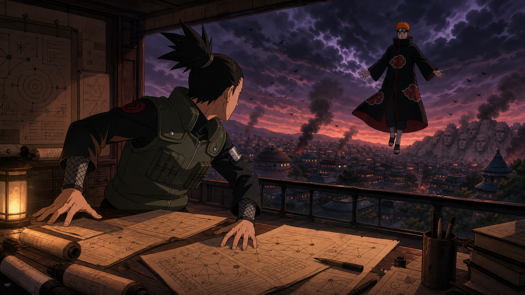 Shikamaru turns from unfinished Pain analysis as the Deva Path descends above the smoking Leaf Village in Naruto Shippuden Episode 157