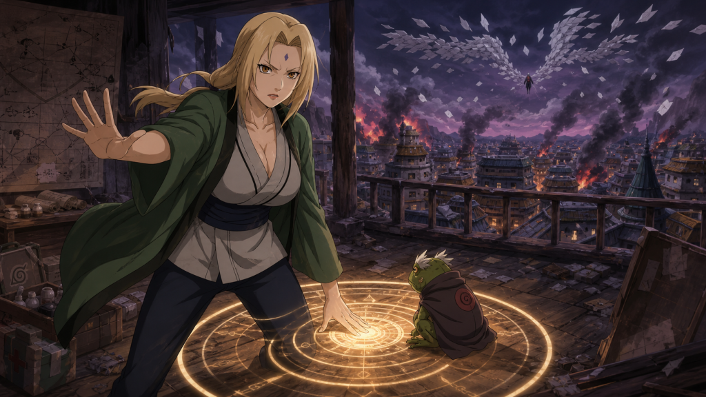 Tsunade commands a glowing messenger-toad communication seal while Pain and Konan's attack burns across the Leaf Village in Naruto Shippuden Episode 158