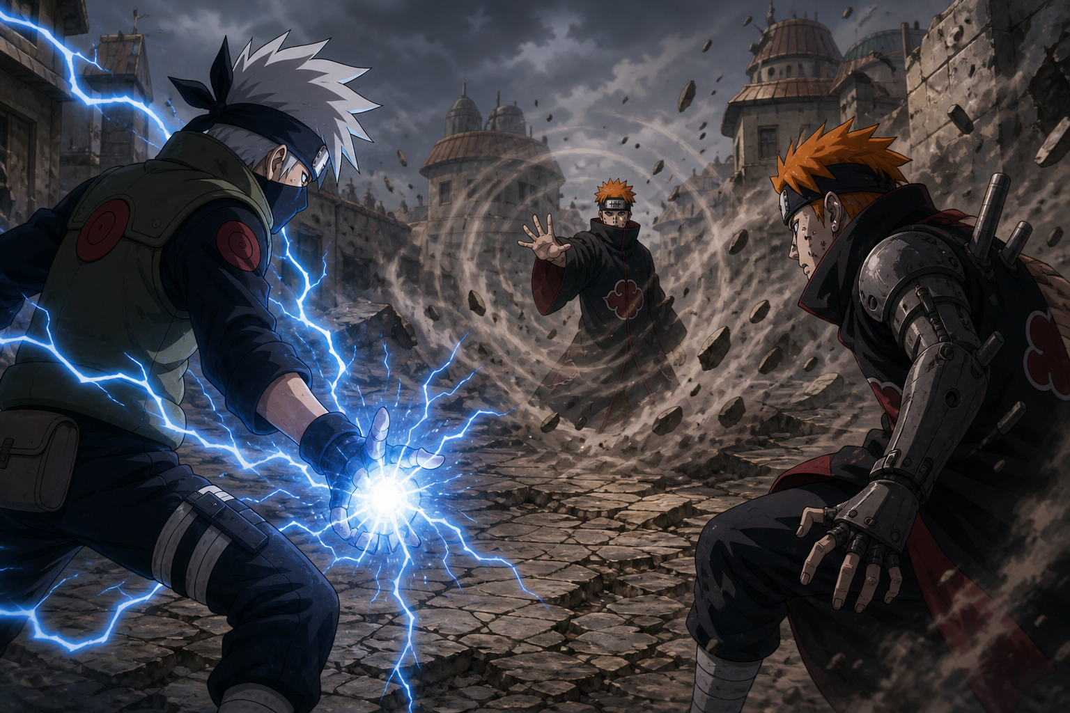 Kakashi charges a blue lightning attack while Tendo Pain and Shurado surround him in the ruined Leaf Village in Naruto Shippuden Episode 159