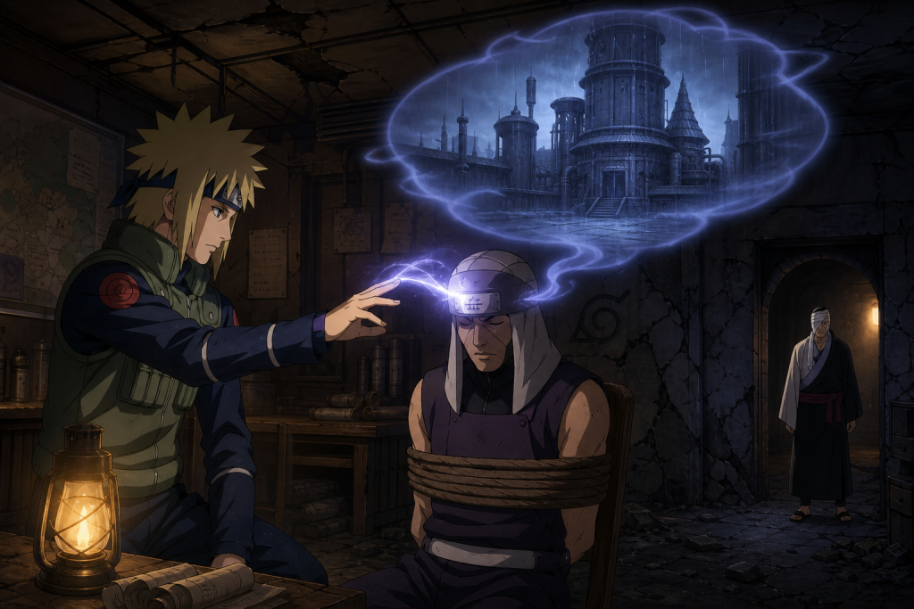 Inoichi reads a captured Rain shinobi's memories of an empty industrial tower while Danzo watches from a doorway in Naruto Shippuden Episode 160