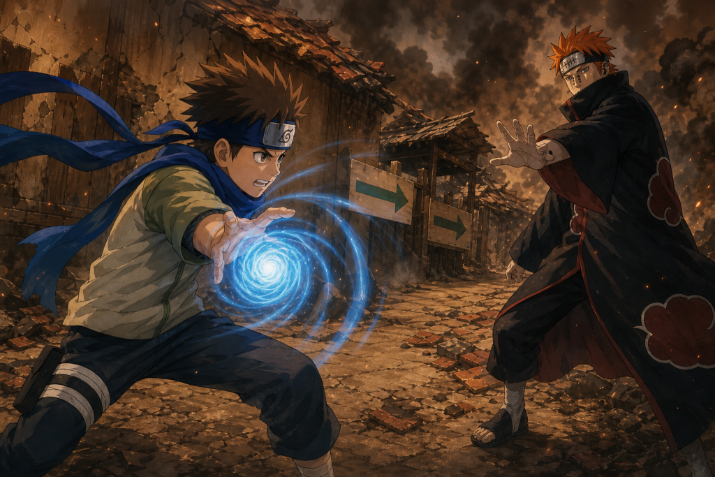 Konohamaru forms a bright blue Rasengan against the Naraka Path in a burning Leaf Village evacuation lane in Naruto Shippuden Episode 161