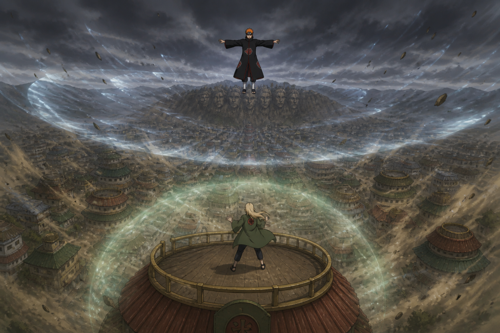 Tendo Pain hovers above the Leaf Village as an immense pressure wave expands toward Tsunade's protective chakra barrier in Naruto Shippuden Episode 162