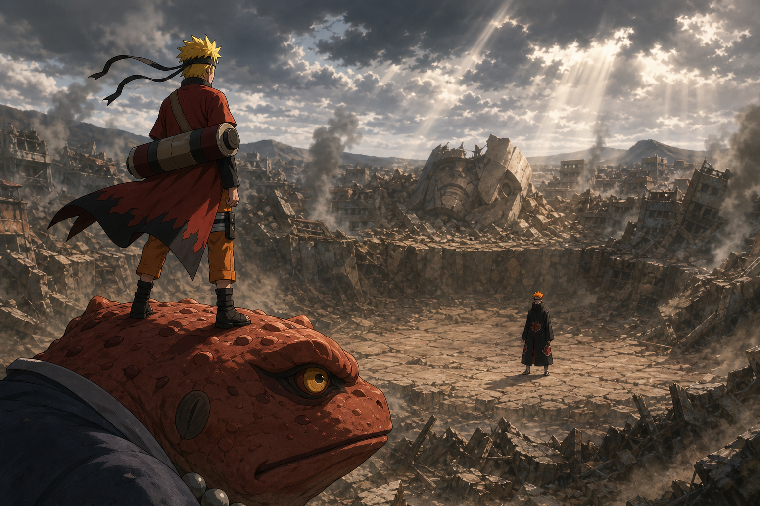 Naruto stands in Sage Mode on a giant red toad facing Pain across the crater of the destroyed Leaf Village in Naruto Shippuden Episode 163