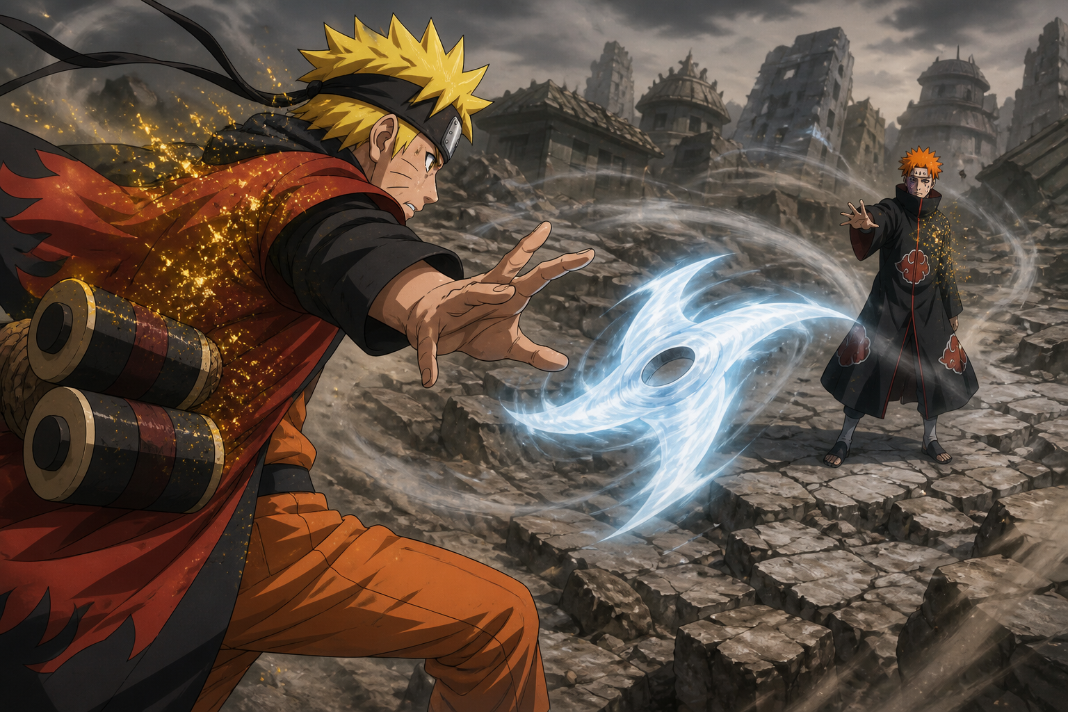 Naruto throws a single blue-white Rasen Shuriken toward the Human Path as golden Sage Mode energy fades in Naruto Shippuden Episode 164