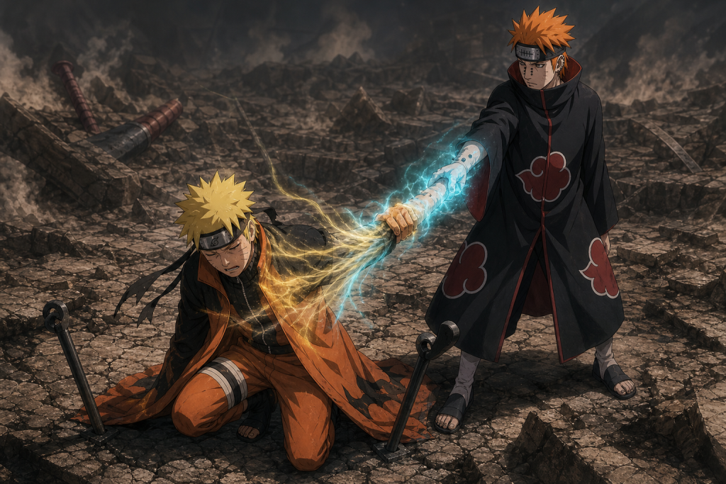The Preta Path grips Naruto's forearm and drains gold-and-blue natural chakra as his Sage Mode markings fade in Naruto Shippuden Episode 165