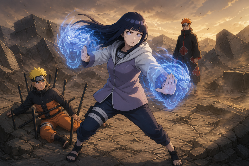 Hinata stands with blue Twin Lion chakra between restrained Naruto and Tendo Pain in the ruined Leaf Village in Naruto Shippuden Episode 166