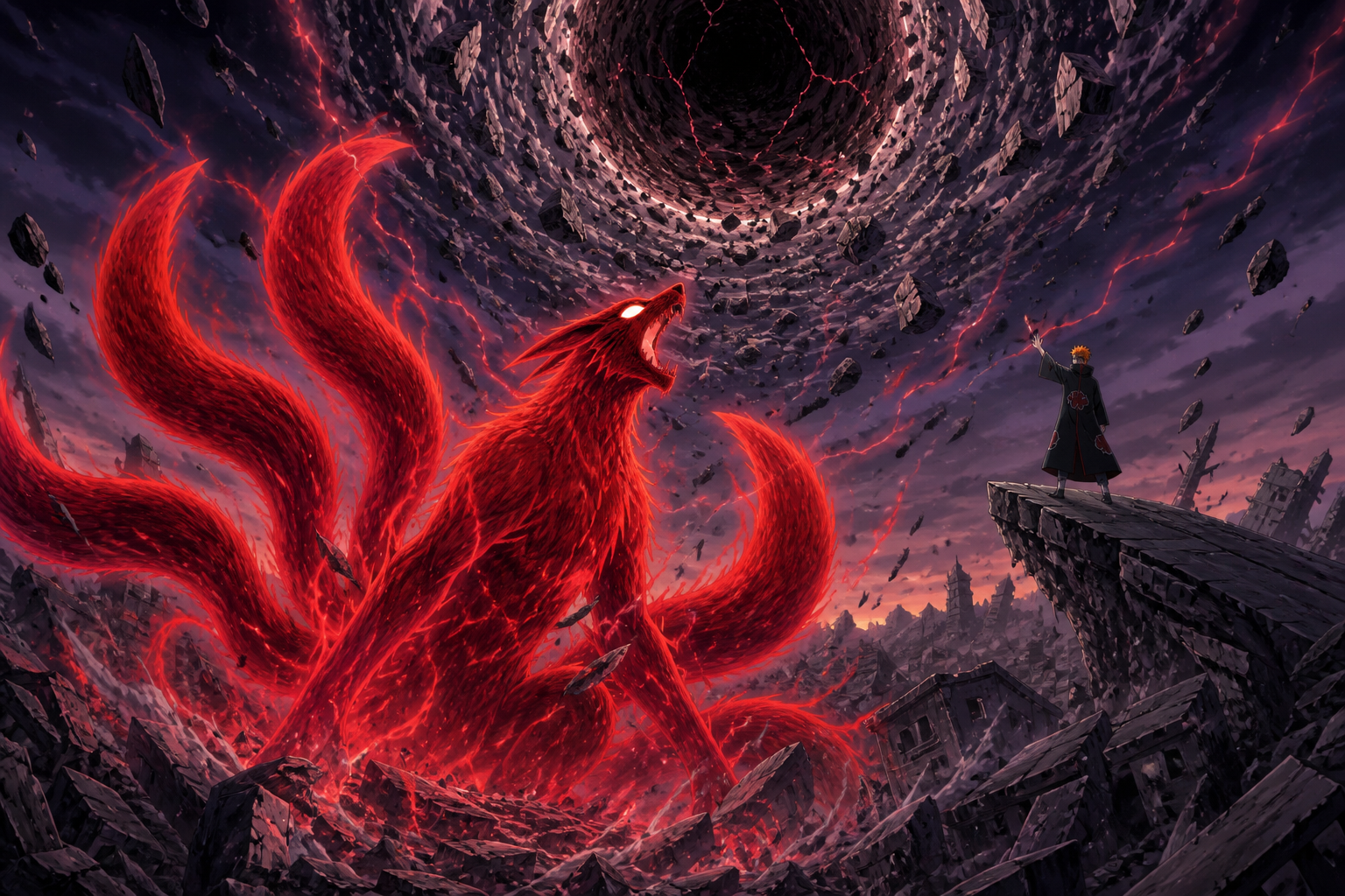 Six-tailed crimson Nine-Tails chakra surges toward Pain's black gravity sphere above the ruined Leaf Village in Naruto Shippuden Episode 167