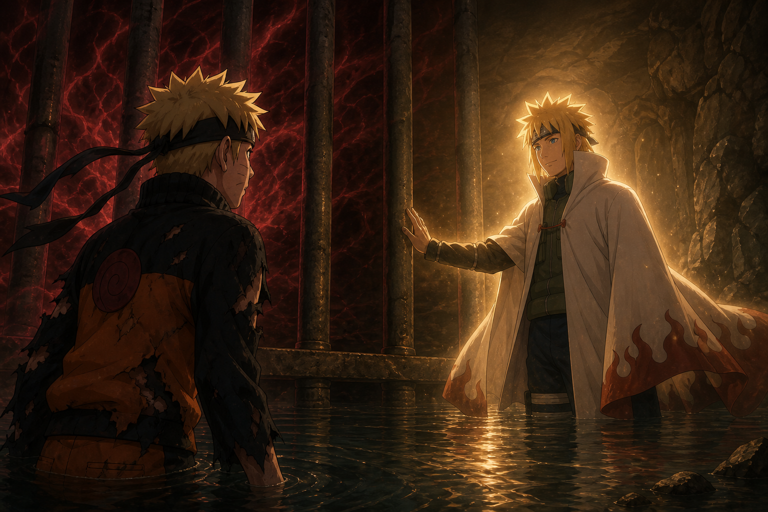 Naruto faces his father Minato Namikaze in the flooded inner seal chamber in Naruto Shippuden Episode 168