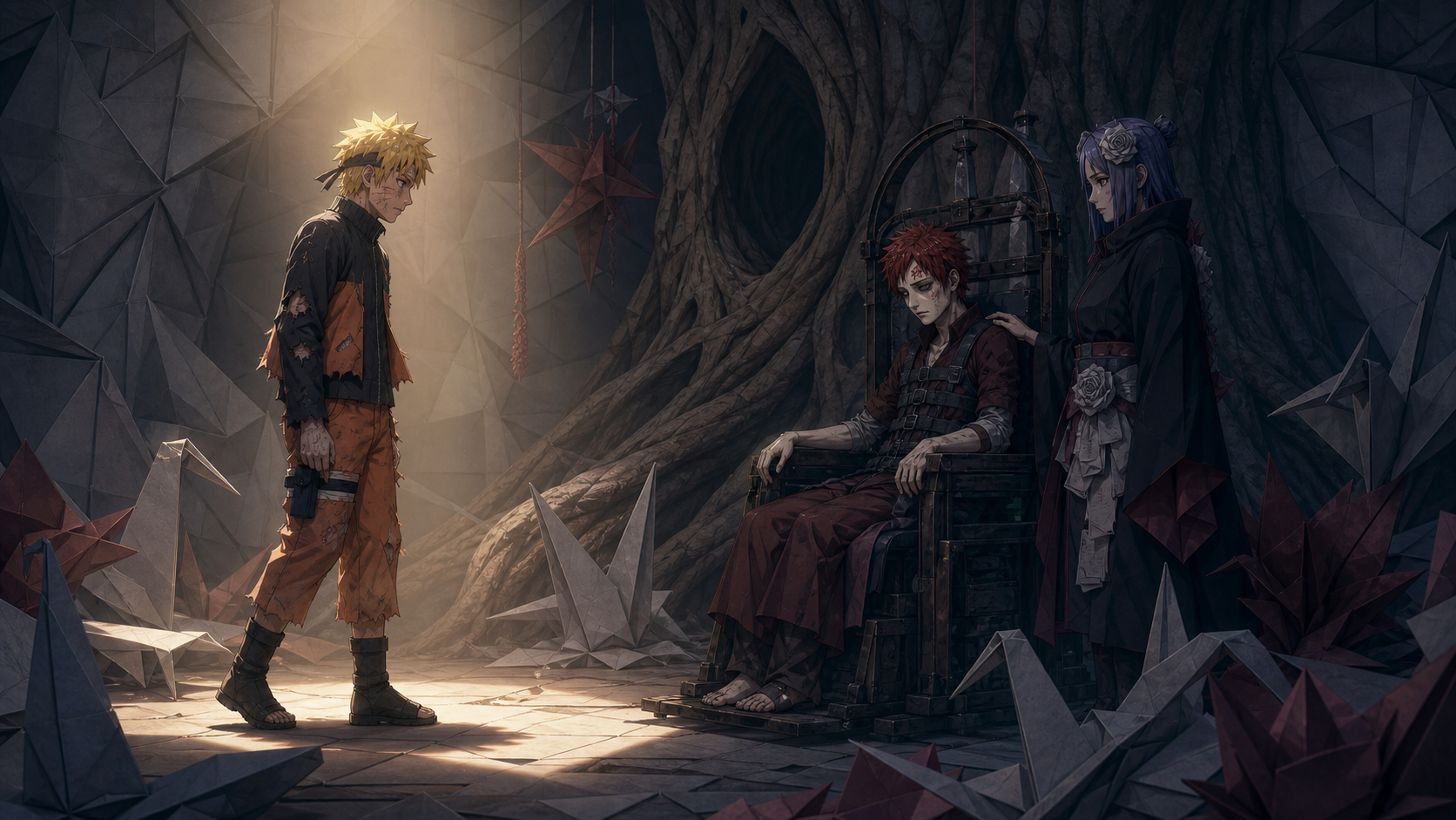 Naruto confronts Nagato while Konan stands beside him inside the paper-covered tree chamber in Naruto Shippuden Episode 169