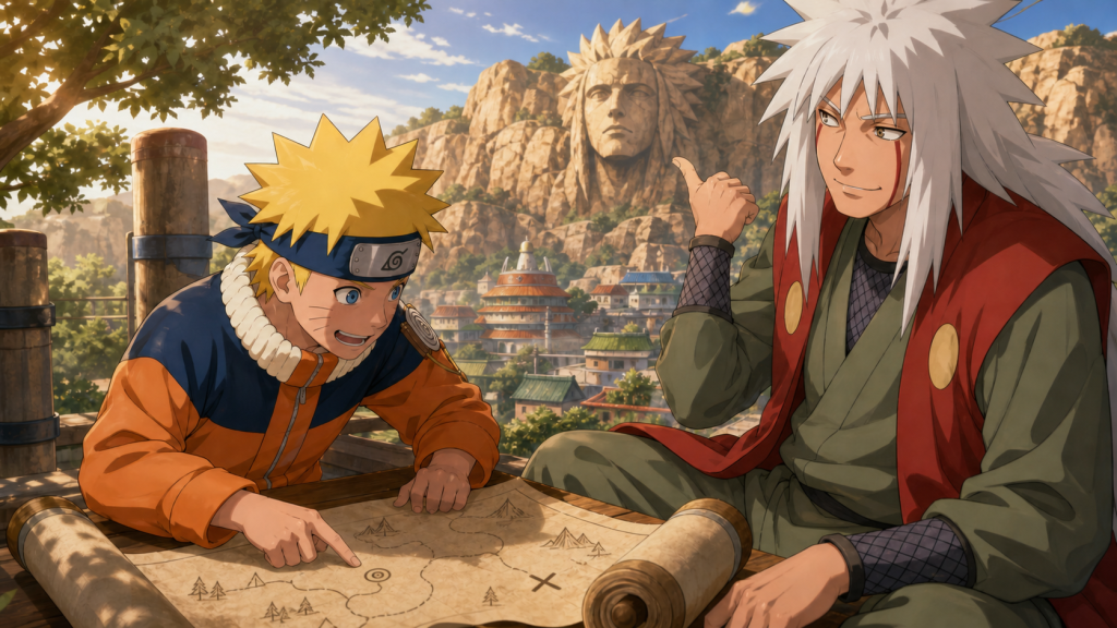 Young Naruto studies a symbol-only treasure map while Jiraiya points toward the Fourth Hokage monument in Naruto Shippuden Episode 170