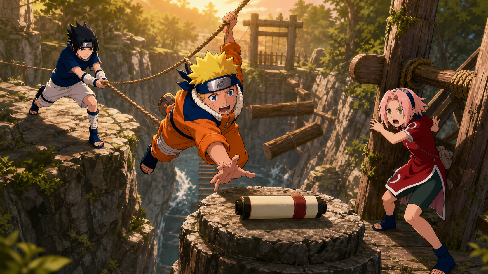 Young Naruto swings toward a sealed scroll while Sasuke steadies the rope and Sakura braces the obstacle course in Naruto Shippuden Episode 171