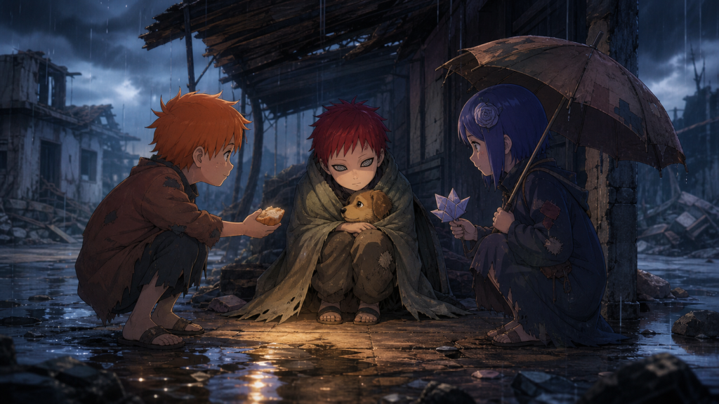 Young Nagato shelters Chibi as Yahiko offers bread and Konan holds a paper flower in the rainy Hidden Rain ruins in Naruto Shippuden Episode 172
