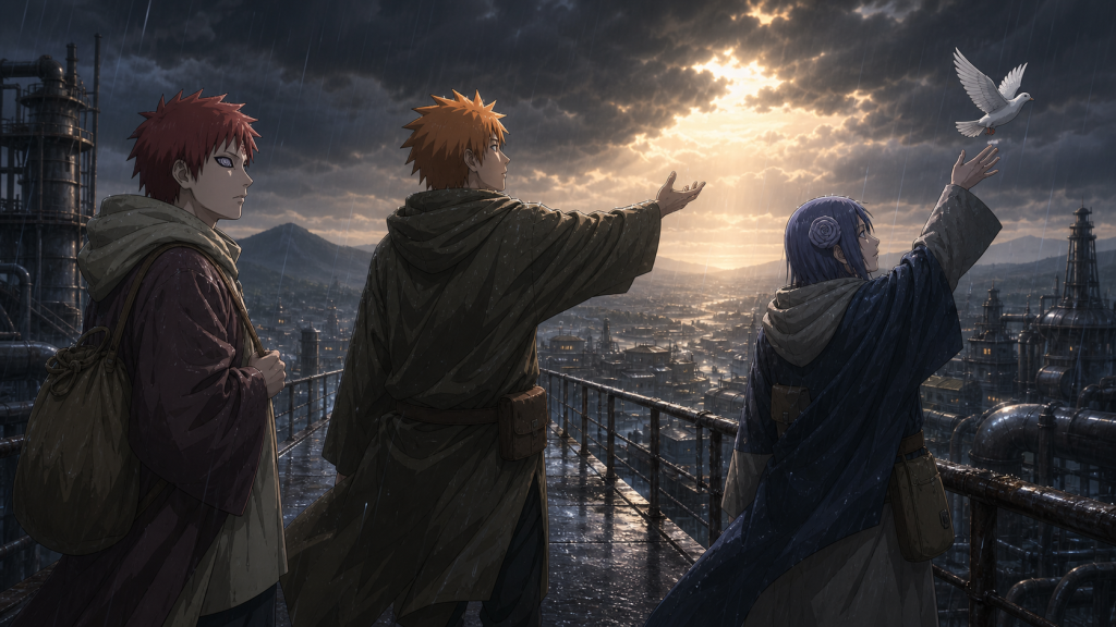 Nagato, Yahiko, and Konan stand together above the Hidden Rain as a white paper dove rises toward a break in the storm in Naruto Shippuden Episode 173