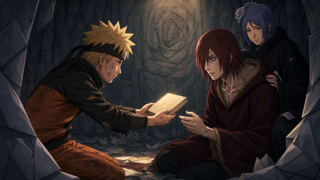 Naruto offers Jiraiya's blank-covered book to Nagato while Konan watches inside the paper-tree chamber in Naruto Shippuden Episode 174