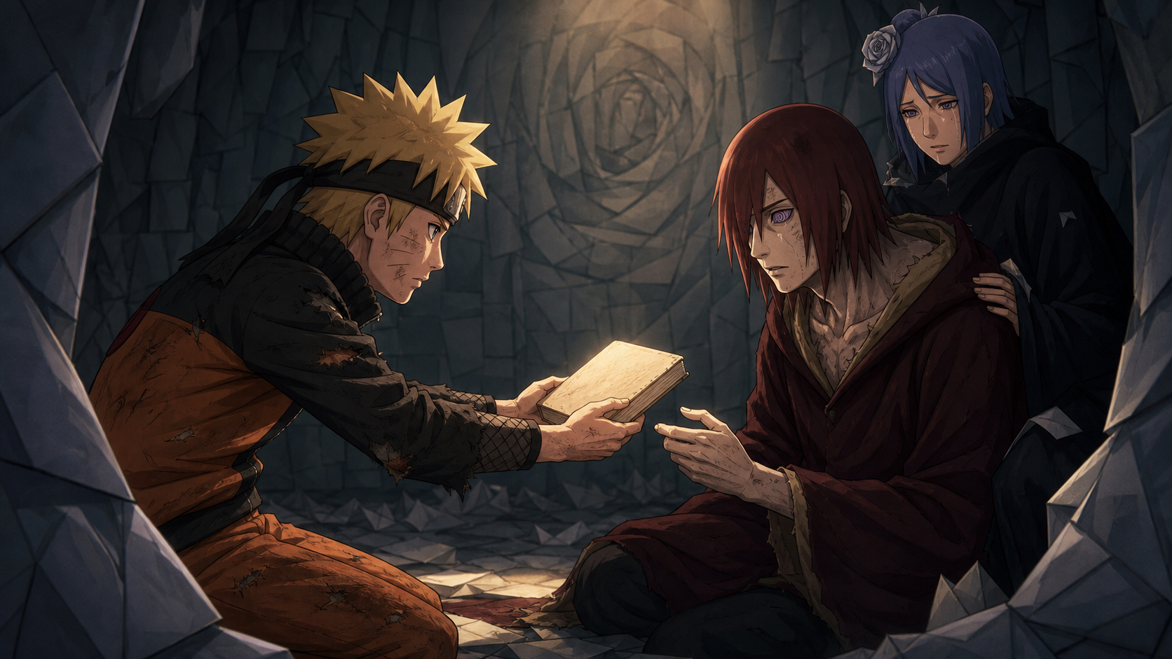 Naruto offers Jiraiya's blank-covered book to Nagato while Konan watches inside the paper-tree chamber in Naruto Shippuden Episode 174