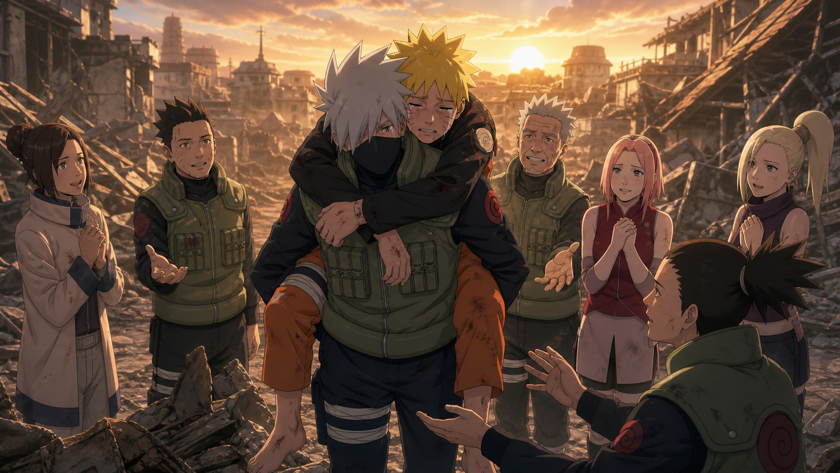 Kakashi carries an exhausted Naruto into the ruined Hidden Leaf as Iruka, Sakura, and surviving villagers welcome him in Naruto Shippuden Episode 175