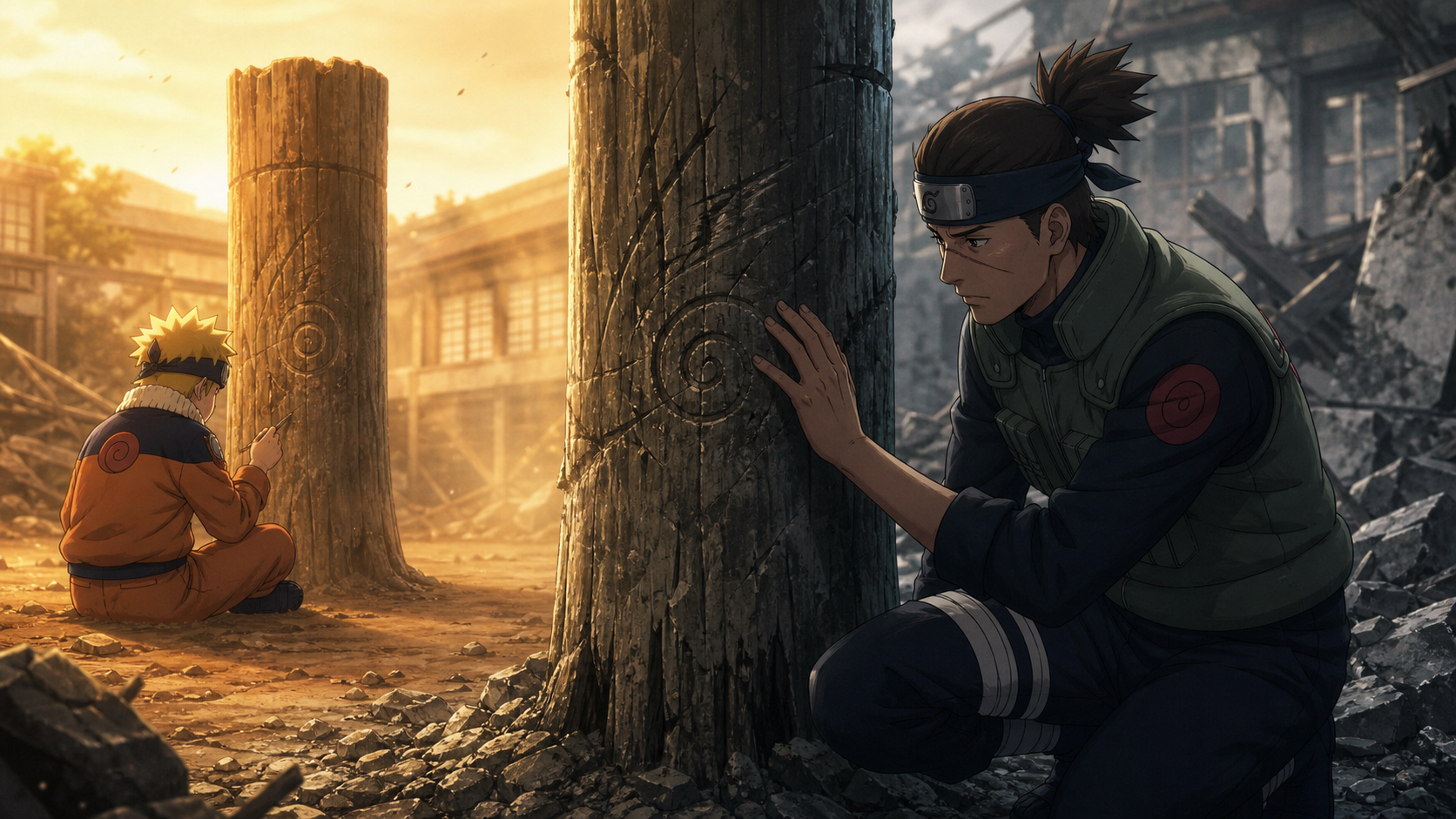 Present-day Iruka touches Naruto's scratched training pillar while remembering the lonely Academy child in Naruto Shippuden Episode 176