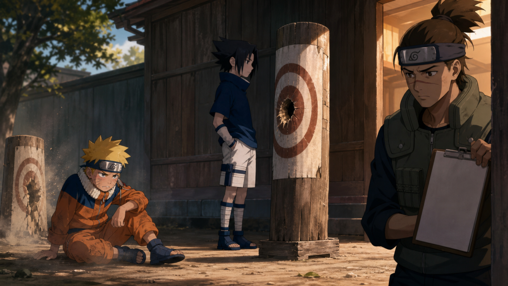 Young Naruto sits after missing an Academy target while Sasuke stands beside a clean hit and rookie Iruka watches in Naruto Shippuden Episode 177