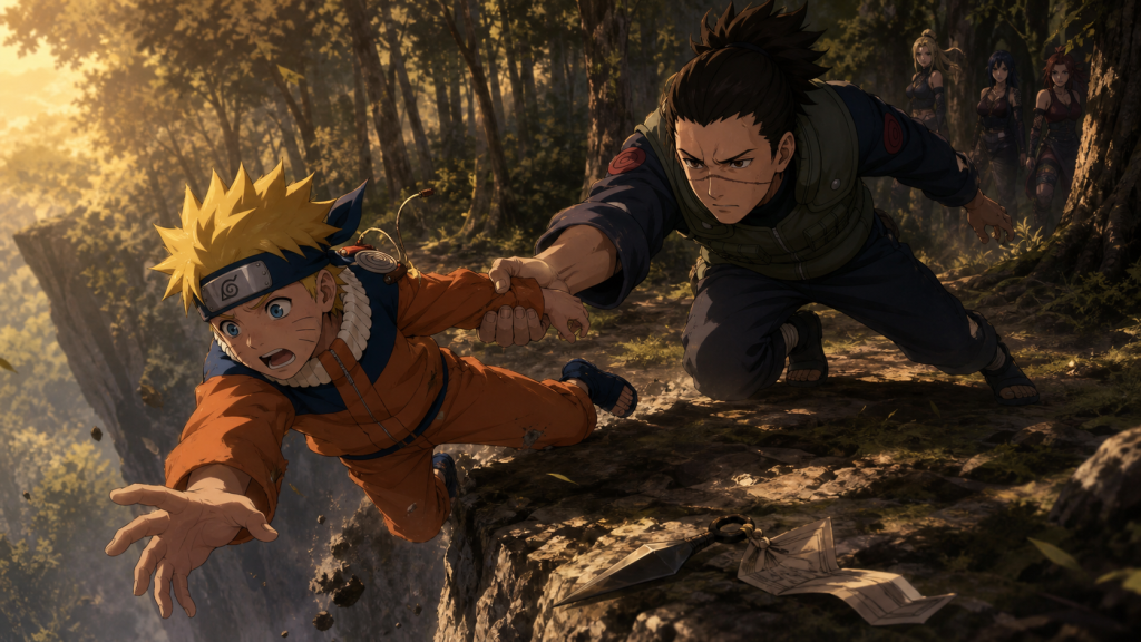 Young Naruto slips from a forest cliff while Iruka catches his wrist and three enemy kunoichi approach in Naruto Shippuden Episode 178