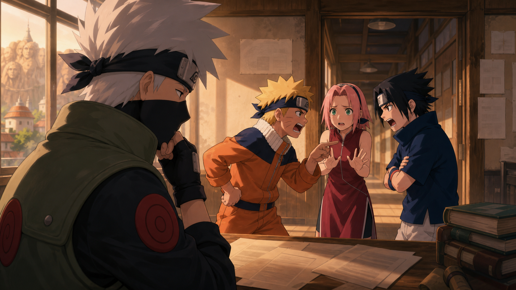 Kakashi watches young Naruto, Sakura and Sasuke argue after their Team 7 assignment in Naruto Shippuden Episode 179