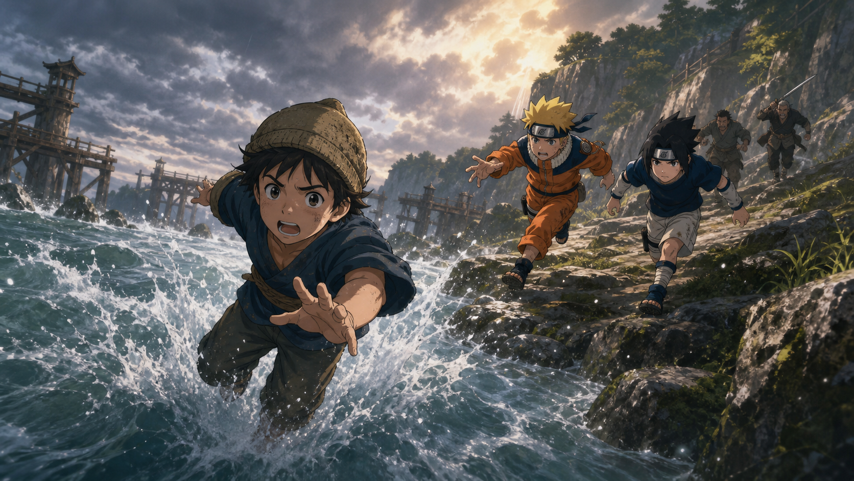 Young Inari leaps into a rushing river while Naruto and Sasuke race to rescue him from two thugs in Naruto Shippuden Episode 180