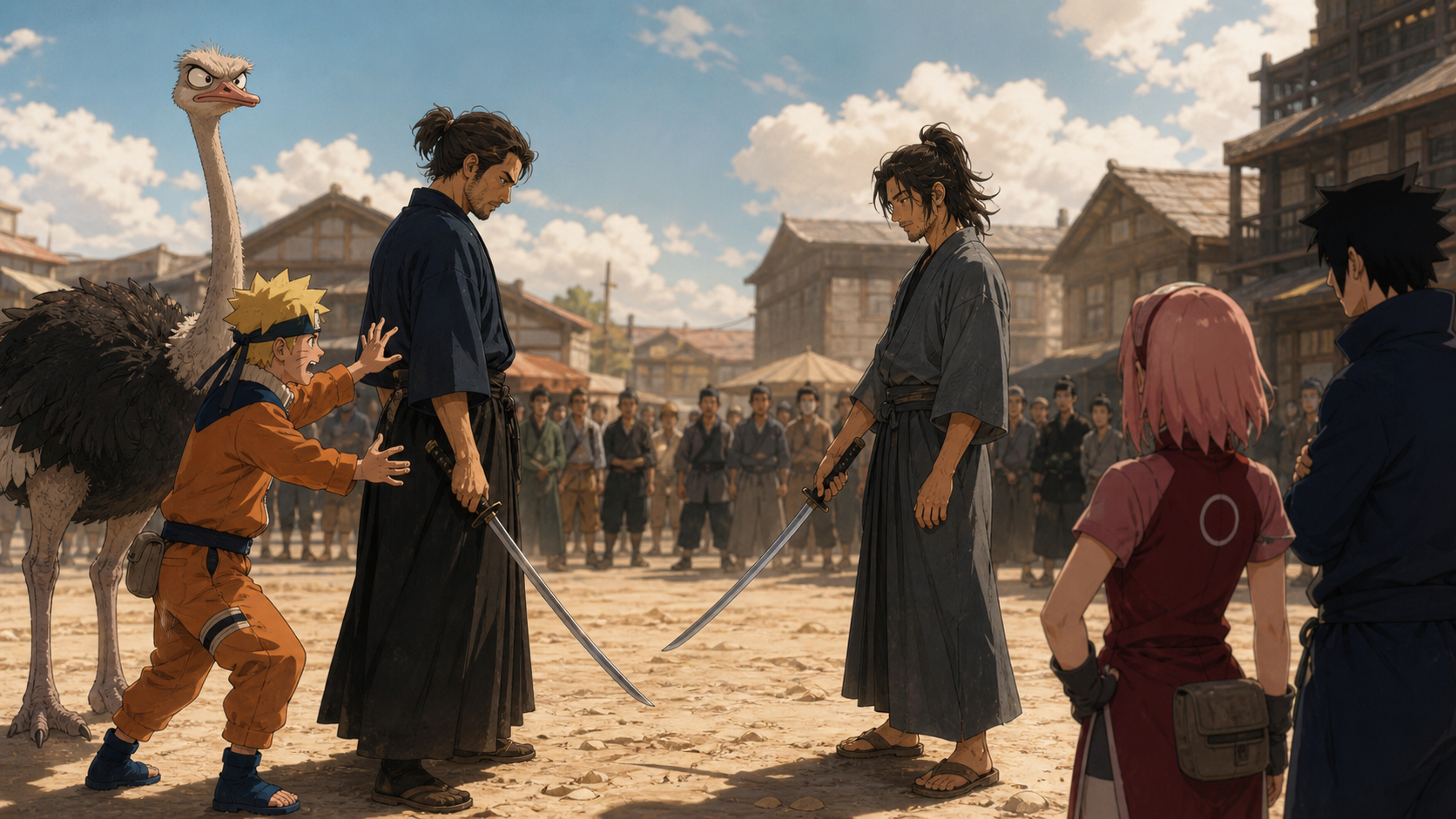 Naruto coaches two reluctant swordsmen in a town-square vendetta while Sakura, Sasuke and Condor watch in Naruto Shippuden Episode 181