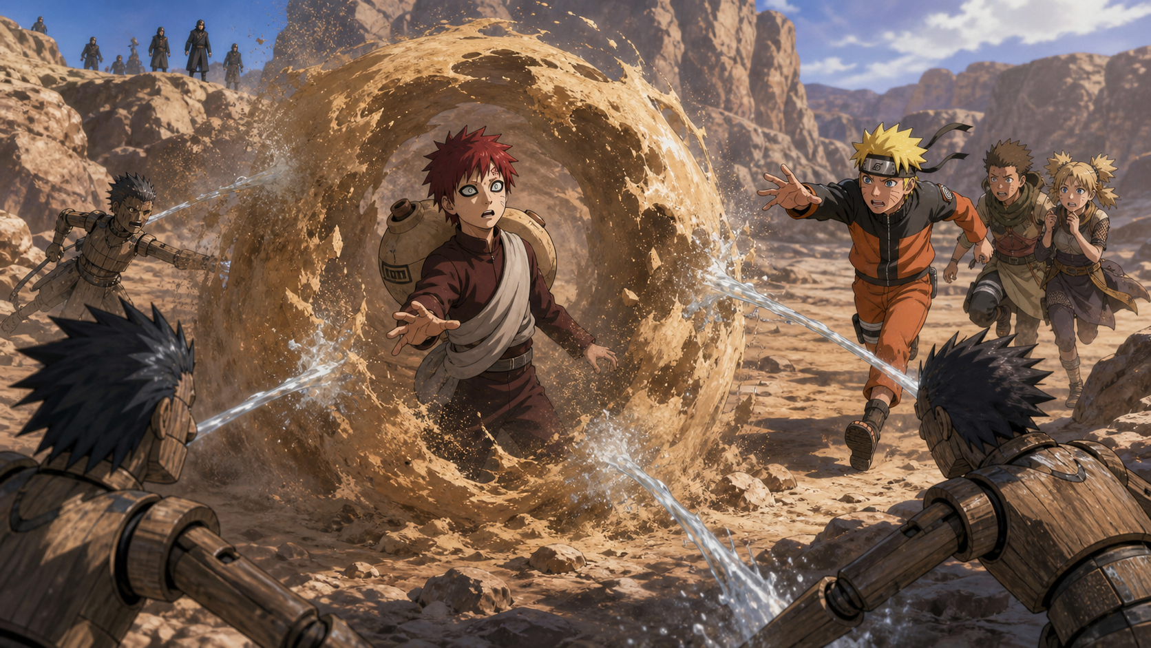 Young Gaara's sand shield weakens under water puppets as Naruto and two Sand teammates return to help in Naruto Shippuden Episode 182