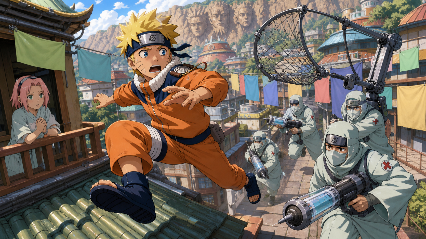 Naruto flees across Leaf rooftops as medical ninja pursue him with injection launchers and a mechanical net in Naruto Shippuden Episode 183