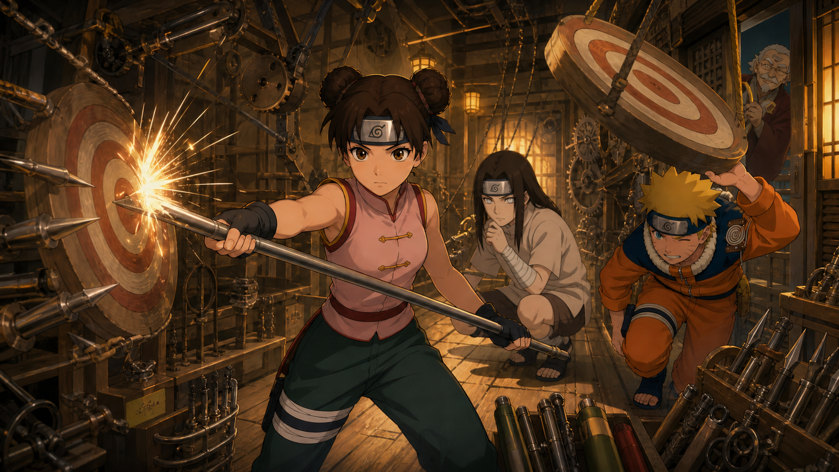 Tenten leads Neji and Naruto through a trapped ninja-tool workshop while inventor Io watches in Naruto Shippuden Episode 184