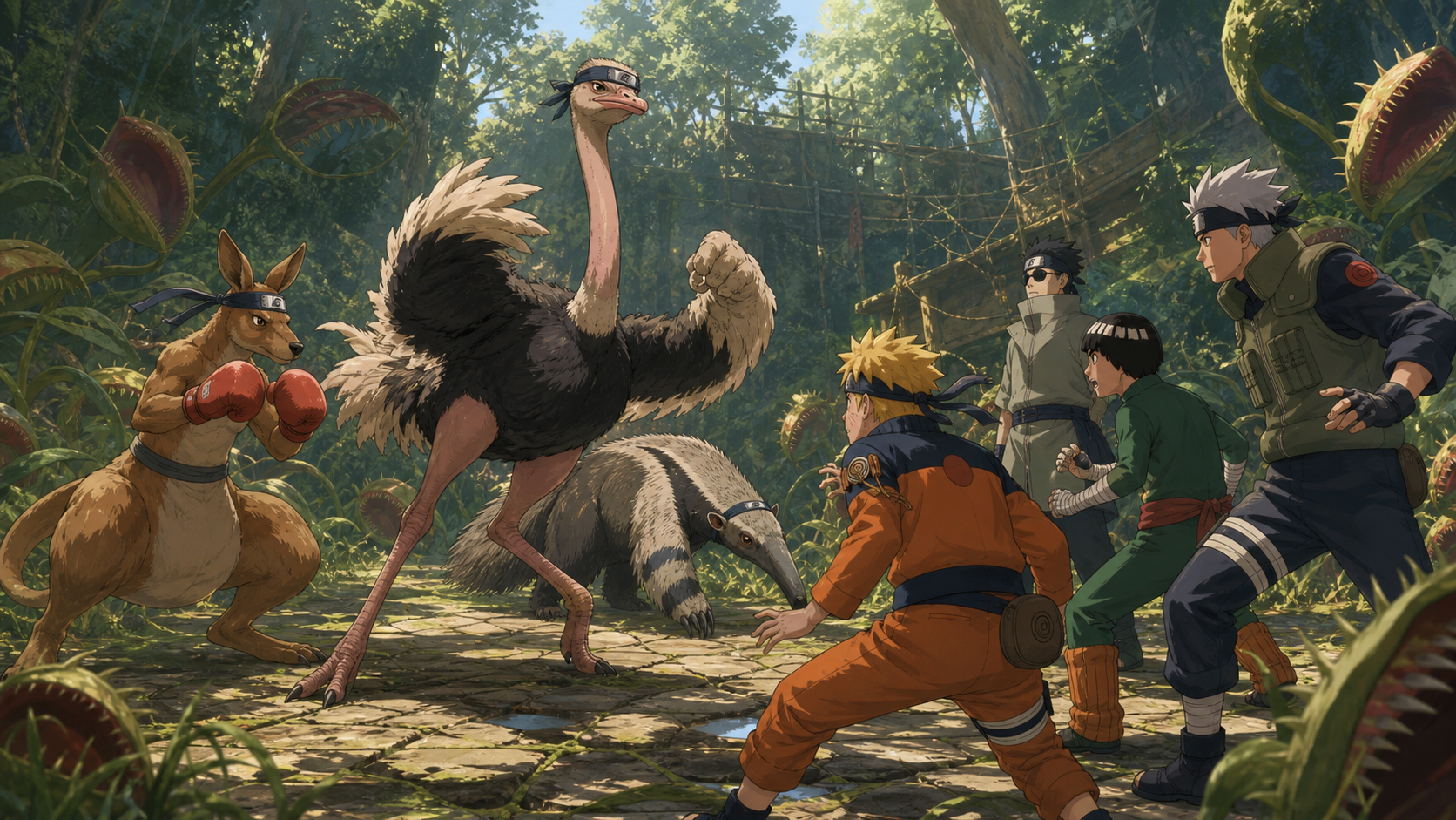 Ninja ostrich Condor leads a boxing kangaroo and giant anteater against Naruto, Shino, Lee and Kotetsu in Naruto Shippuden Episode 185