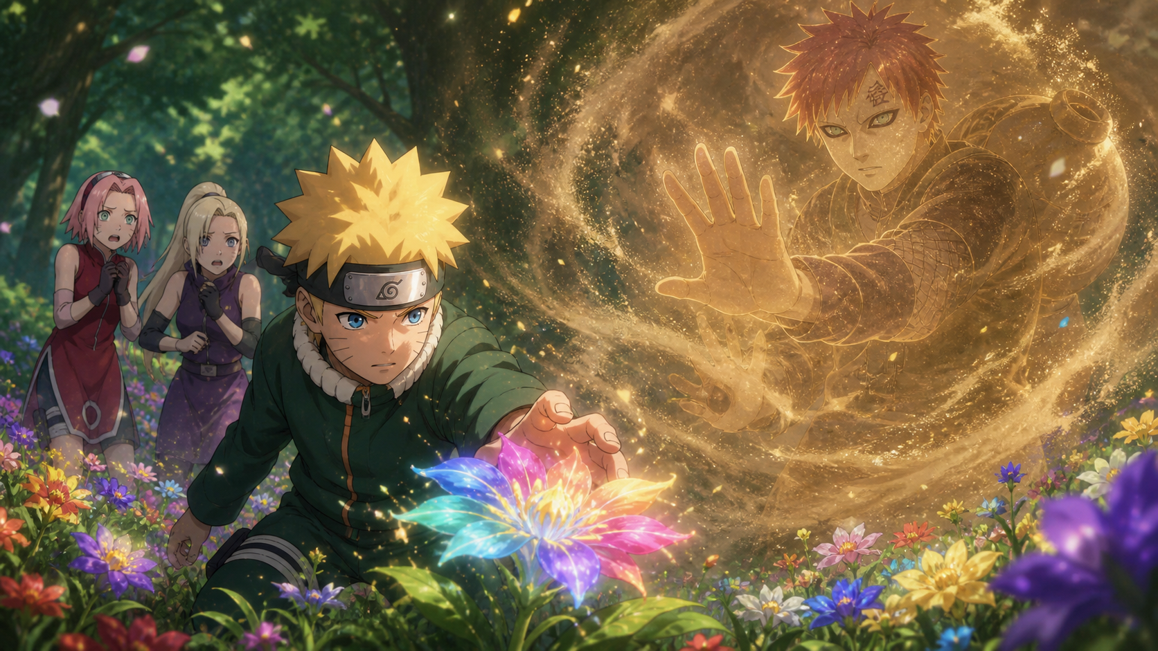 Naruto in a green training suit reaches for a seven-colored Jofuku Flower as a sand apparition of Gaara rises behind him in Naruto Shippuden Episode 186
