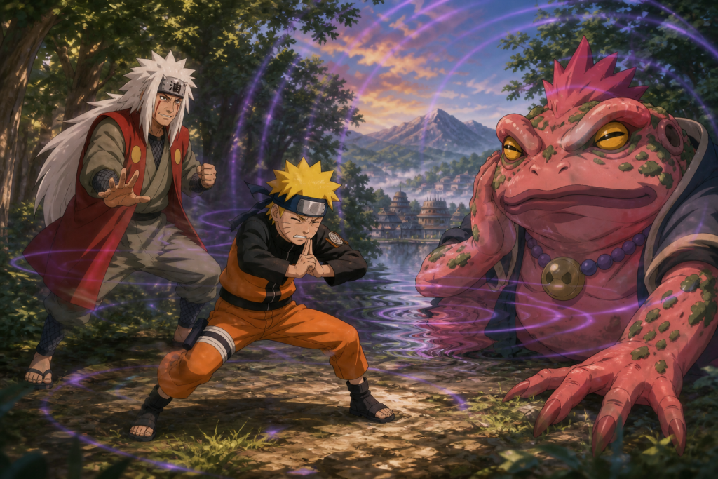 Naruto practices breaking genjutsu with Jiraiya and the summoned toad Gamariki near a misty village in Naruto Shippuden Episode 187