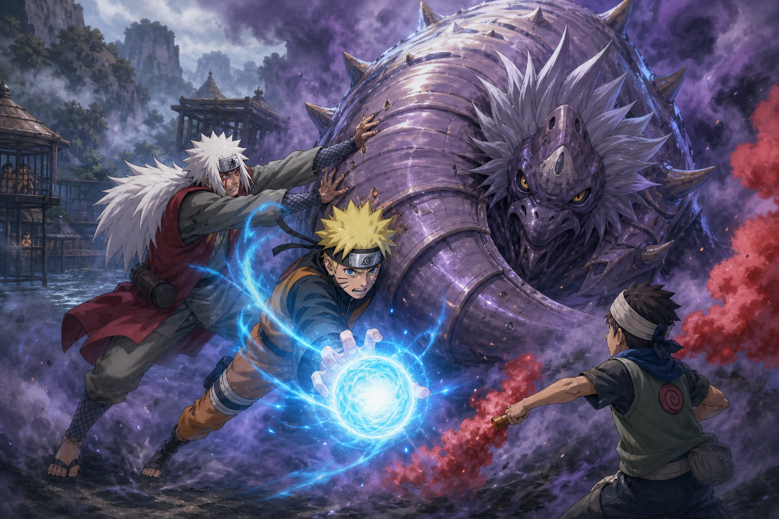 Naruto attacks the armored Conch King with a Big Ball Rasengan while Jiraiya restrains it and Tanishi breaks the genjutsu fog in Naruto Shippuden Episode 188