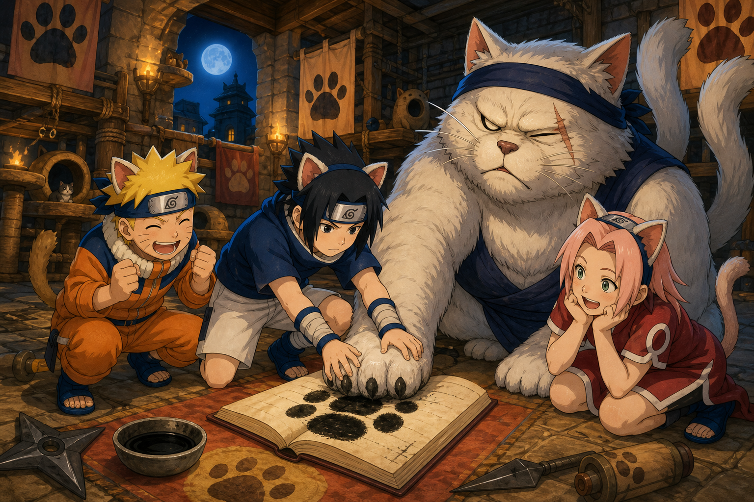 Young Sasuke collects Nekomata's giant inked paw print while Naruto and Sakura watch in cat-ear disguises in Naruto Shippuden Episode 189