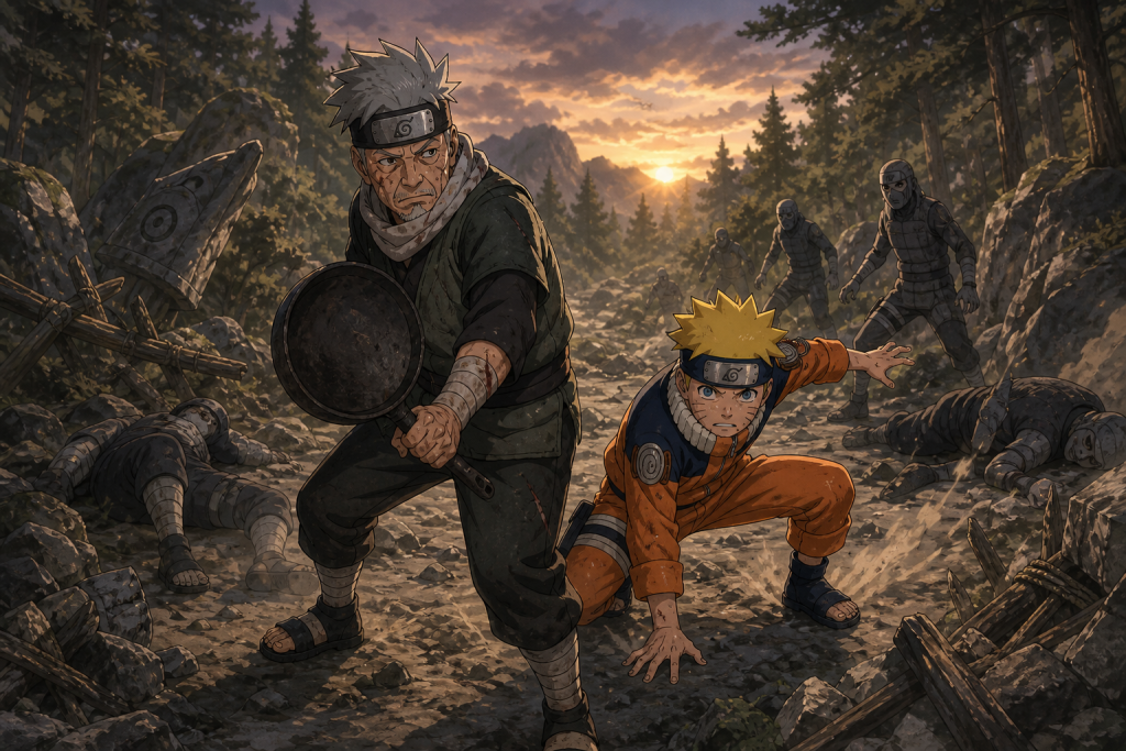 Young Naruto returns to stand beside elderly genin Kosuke Maruboshi and his iron pan against Rock ninja at the northern border in Naruto Shippuden Episode 190